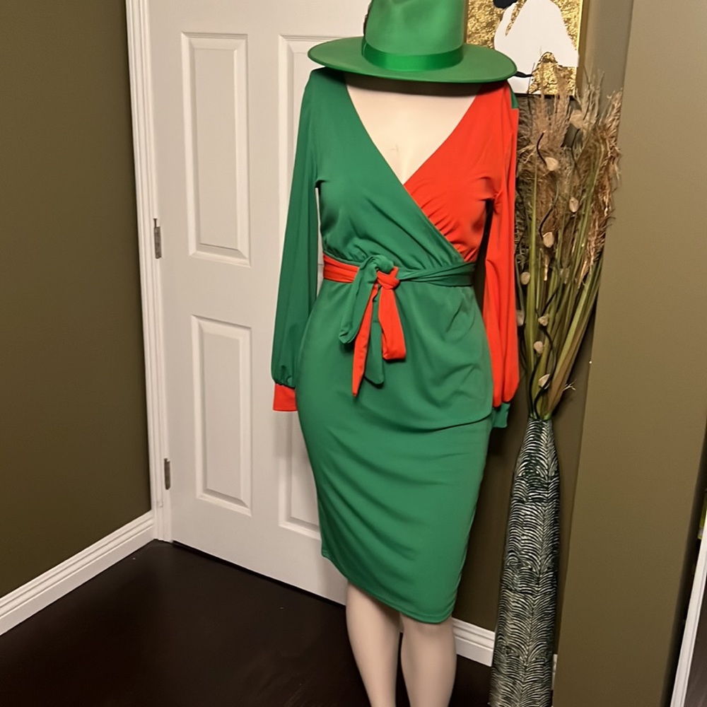 Colorblock Green and Orange Wrap-Style Midi Dress